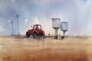 Roter Traktor und Türme