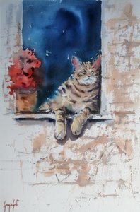 Entspannte Katze auf dem Fensterbrett