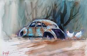 Rustikales Auto und Hühner von Giorgio Gosti