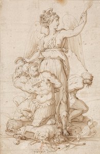 Geflügelte Viktoria mit Palmzweig und drei auf Trophäen knienden Gefangenen von Giorgio Vasari