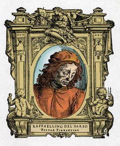 Porträt von Raffaellino del Garbo (Raffaellino de Carli) (1466-1525) italienischer Maler. Gravur aus dem Werk "Lebensläufe der ausgezeichnetsten Maler, Bildhauer und Architekten" (Le Vite de