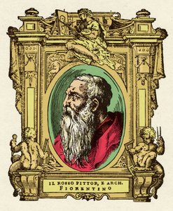 Porträt des Malers Giovanni Battista di Jacopo (Rosso Fiorentino) (1495-1540). Er war Mitglied der Ecole de Fontainebleau. Gravur aus dem Werk „Lives of the most excellent painters, sculptors and architects“ (Le Vite de