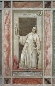 Untreue (auch Götzendienst genannt), männliche Figur, die sich von Gott abwendet und ein Idol hält, das ihn am Hals bindet, von Giotto, Detail aus dem Freskenzyklus Die Laster und Tugenden, nach der Restaurierung, Scrovegni-Kapelle, Padua, Venetien, Italie von Giotto (c.1266 1337)