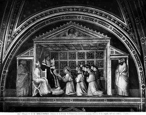 Papst Innozenz III. (1160-1216) genehmigt die Regel (Fresko)