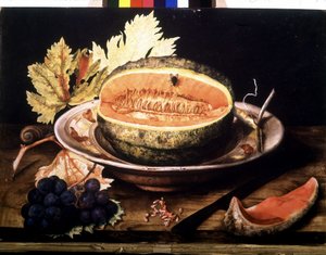 Wassermelone mit Fliege. Öl auf Leinwand von Giovanna Garzoni von Giovanna Garzoni