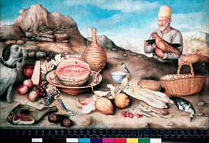Stillleben Fisch, Melone, Schinken, Artischocke, Sellerie, Wild von Giovanna Garzoni von Giovanna Garzoni