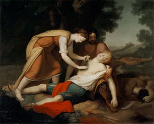Erminia und Vafrino entdecken den verwundeten Tancred (Gesang 19 aus „Das befreite Jerusalem“ von Torquato Tasso) von Giovanni Costa