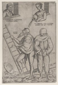 Ein Mann klettert eine Leiter hinauf, während eine Frau Wasser von oben auf ihn gießt, 1575-99