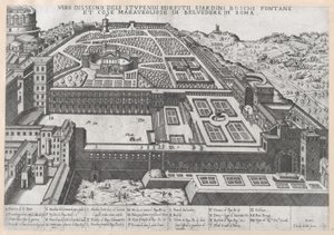 Speculum Romanae Magnificentiae: Luftansicht des Belvedere und seiner Gärten, 1579 von Giovanni Ambrogio Brambilla.