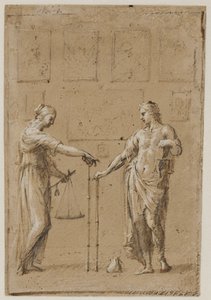 Ein Mann und eine Frau in antiken Kostümen, jeder mit Waage und Lineal, vor einer Wand mit Gemälden. Eine Geldbörse auf dem Boden vor dem Mann von Giovanni Angelo Canini