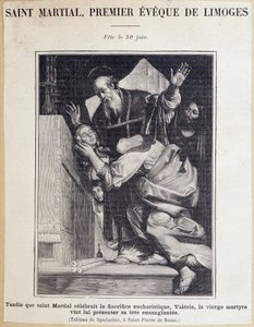 Heiliger Martial (3. Jahrhundert), erster Bischof von Limoges. Während der Feier des eucharistischen Opfers kommt die Jungfrau Valerie und präsentiert ihr blutiges Haupt dem heiligen Martial. Fest am 30. Juni. Gravur nach einem Gemälde von Spadarino. von Giovanni Antonio Galli