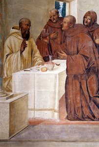 Benedikt zerbricht ein Glas vergifteten Weins durch das Kreuzzeichen (Detail)