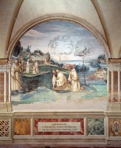 Benedikt lässt eine Sichel in den See fallen, Fresko des Kreuzgangs von Giovan Antonio Bazzi genannt il Sodoma (1477-1549), das das Leben von St. Benedikt von Nursia (480 - 567) erzählt, Gründer des Benediktinerordens 1505-1508, Abtei von Monte Oliveto Mag