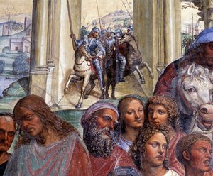 Wie Benedikt die jungen Römer Maurus und Placidus trifft (Detail) von Giovanni Antonio Bazzi Sodoma