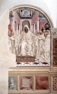 Der heilige Benedikt gibt den Mönchen die Regel (Fresko des Kreuzgangs von Antonio Bazzi, genannt il Sodoma, 1477 - 1549, das das Leben des heiligen Benedikt von Nursia (480 - 567) erzählt, Gründer des Benediktinerordens, 1503)