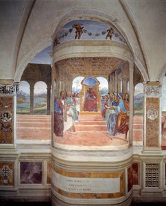 St. Benedikt verlässt die Schule von Rom, Fresko des Kreuzgangs von Antonio Bazzi genannt il Sodoma (1477 - 1549), das das Leben von St. Benedikt von Nursia (480 - 567) erzählt, Gründer des Benediktinerordens 1503 - 1508, Abtei von Monte Oliveto Maggiore