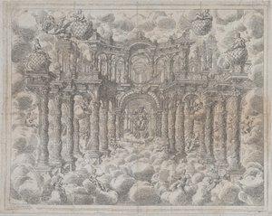 Bühnenbild mit allegorischen Figuren, die unter den Wolken sitzen, 1690