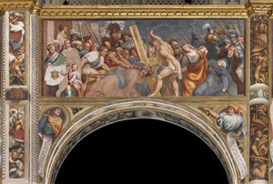 Zentrales Kirchenschiff, zweiter südlicher Spann, Jesus fällt unter dem Kreuz, Il Pordenone von Giovanni Antonio Pordenone