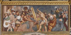 Zentrales Kirchenschiff, zweiter südlicher Spann, Jesus fällt unter dem Kreuz, Il Pordenone von Giovanni Antonio Pordenone