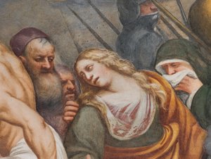 Zentrales Kirchenschiff, Zweites südliches Joch, Jesus fällt unter dem Kreuz von Giovanni Antonio Pordenone