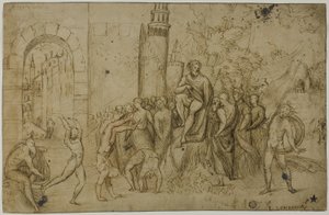 Akrobaten, die vor einem Herrscher auftreten (recto); Außenszene mit einer Gruppe von Figuren (verso) von Giovanni Antonio da Pordenone