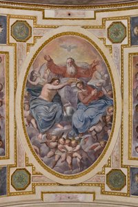 Genua, Duomo (St. Laurentius-Kathedrale), innen, Lercari-Kapelle oder Kapelle des Allerheiligsten Sakraments (nördliche Apsis), Gewölbe: "Krönung der Jungfrau", Fresko von Giovanni Battista Castello, bekannt als Bergamasco von Giovanni Battista Castello