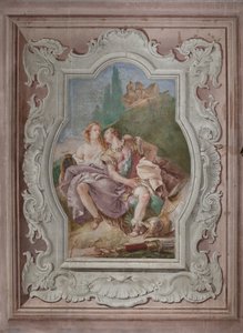Palazzina (Kleines Gebäude): Ansicht des vierten Raums oder von Torquato Tasso, mit Fresken, die Episoden aus "Das befreite Jerusalem" darstellen: "Rinaldo und Armida im verzauberten Garten, heimlich beobachtet von Ubaldo und Carlo"
