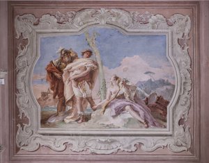 Palazzina (Kleines Gebäude): Ansicht des vierten Raums oder von Torquato Tasso, mit Fresken, die Episoden aus "Das befreite Jerusalem" darstellen: "Rinaldo, begleitet von Ubaldo und Carlo, verlässt Armida"