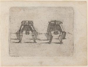 Zwei kubische Figuren mit ihren Händen auf dem Boden von Giovanni Battista Bracelli