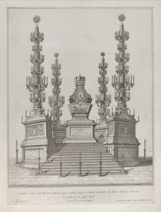 Katafalk für Papst Clemens X.: eine zentrale Struktur auf einer 15-stufigen Plattform, 1676 von Giovanni Battista Falda