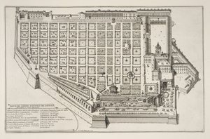 Päpstlicher Garten und Palast des Quirinal, aus Il Nuovo Teatro della Fabriche et Edifici in Prospettiva di Roma Moderna, veröffentlicht um 1665-69 von Giovanni Battista Falda