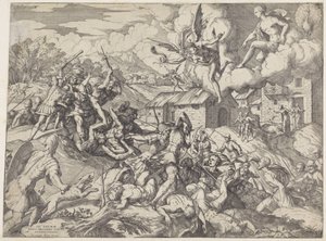Soldaten von Aeneas kämpfen mit Dienern von König Latinus