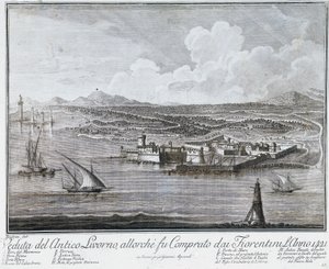 Ansicht des Hafens von Livorno, als er 1421 von den Florentinern gekauft wurde, Gravur aus der Sammlung der besten Ansichten der Stadt und des Hafens von Livorno