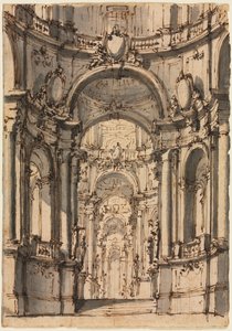 Entwurf für ein Bühnenbild: Innenraum eines Palastes mit Arkaden, Mitte 1700er von Giovanni Battista III Natali