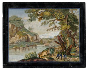 Ein italienisches Mikromosaikbild einer Jagdgesellschaft in einer Flusslandschaft