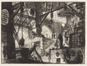 Ein vergittertes und rustiziertes Fenster ist in der Mitte einer Treppe mit Gruppen von schweren Ketten auf der rechten Seite angebracht