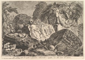 Antiker Altar, auf dem in der Antike Opfer dargebracht wurden, umgeben von anderen Ruinen, ca. 1750