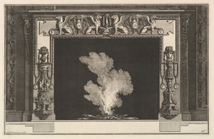 Kaminstück: Konfrontierte Greifen auf dem Sturz und Kandelaber auf den Pfosten, ca. 1769