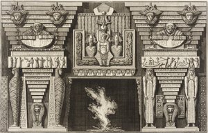 Kaminaufsatz im ägyptischen Stil: links zwei Mumien im Profil und rechts zwei Figuren, die Obelisken tragen. von Giovanni Battista Piranesi