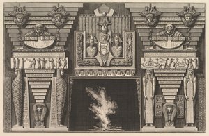 Kamin im ägyptischen Stil: Zwei Mumien im Profil links und zwei Figuren..., ca. 1769