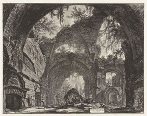 Ruinen einer Statuengalerie in der Villa Adriana in Tivoli (eigentlich die großen Thermen), aus „Ansichten von Rom“ von Giovanni Battista Piranesi