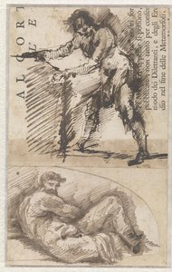 Studie einer stehenden Männerfigur, die ein Fundament misst (a). Studie nach il Giorno von Michelangelo (b) von Giovanni Battista Piranesi