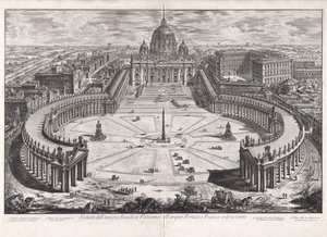 Ansicht der berühmten Vatikanischen Basilika mit ihrem geräumigen Portikus und dem angrenzenden Platz, aus Ansichten von Rom von Giovanni Battista Piranesi