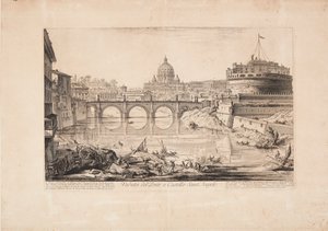 Ansicht der Brücke und der Engelsburg (des Hadriansmausoleums), im Vordergrund Boote auf dem Tiber und im Hintergrund die Kuppel des Petersdoms von Giovanni Battista Piranesi