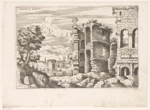 Ansicht des Kolosseums und Umgebung in Rom (Colossaei ro prospectus, Praecipua aliquot Romanae Antiquitatis Ruinarum Monimenta)