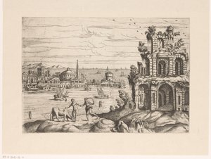 Stadtansicht mit Ruinen und Fantasie-Architektur am Wasser
