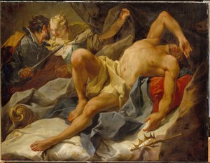 Der Tod des Königs Kandaules (oder Sadyatte oder Myrsile, König von Lydien, 8. Jahrhundert v. Chr.). Ermordet von Gyges, seinem Vertrauten und Rivalen, der ihn ersticht und seine Frau, die Königin Tudo, heiratet. Gemälde von Giambattista (Giovan Battista)