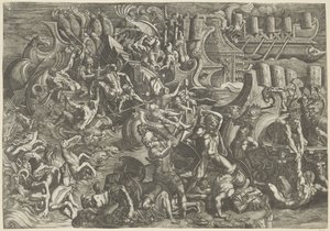 Seeschlacht zwischen den Trojanern und den Griechen von Giovanni Battista Scultori