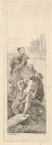 Ein bärtiger, sitzender Mann blickt über seine rechte Schulter zu einem Kind und einer Frau, ca. 1750-55 von Giovanni Battista Tiepolo