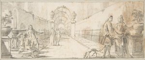 Illustration für ein Buch: Figuren im Gespräch in einem Garten von Giovanni Battista Tiepolo